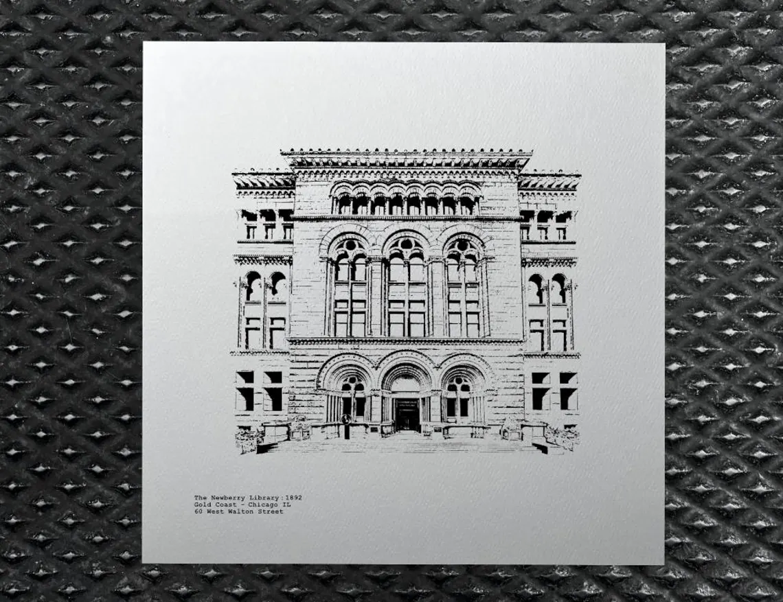 The Newberry Library illustration of entry on Walton Street overlooking Washington Square Park on Chicago's Near North Side