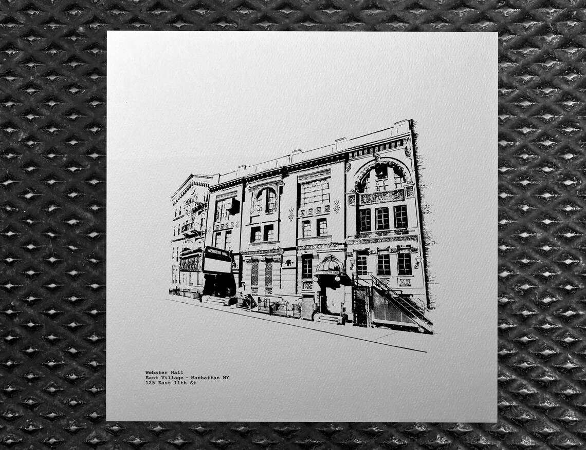 A rendering of Webster Hall on the Lower East Side of Manhattan in black and white, showing the facade and marquee of the historic concert hall