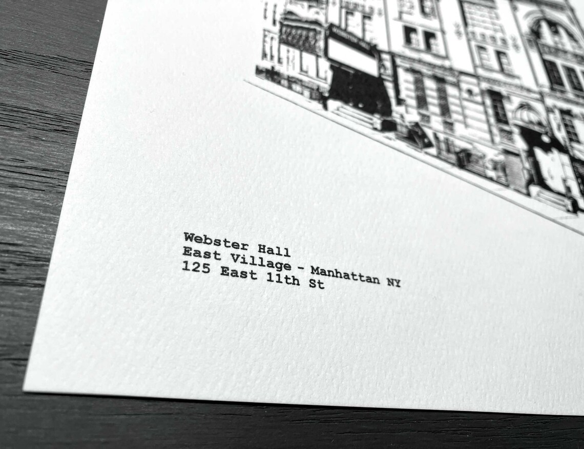 A rendering of Webster Hall on the Lower East Side of Manhattan in black and white, showing the facade and marquee of the historic concert hall