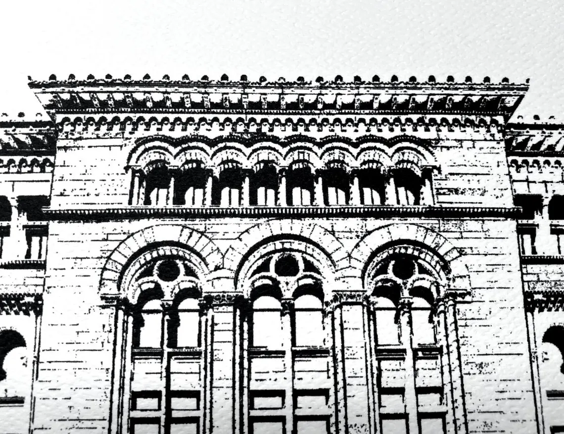 The Newberry Library illustration of entry on Walton Street overlooking Washington Square Park on Chicago's Near North Side