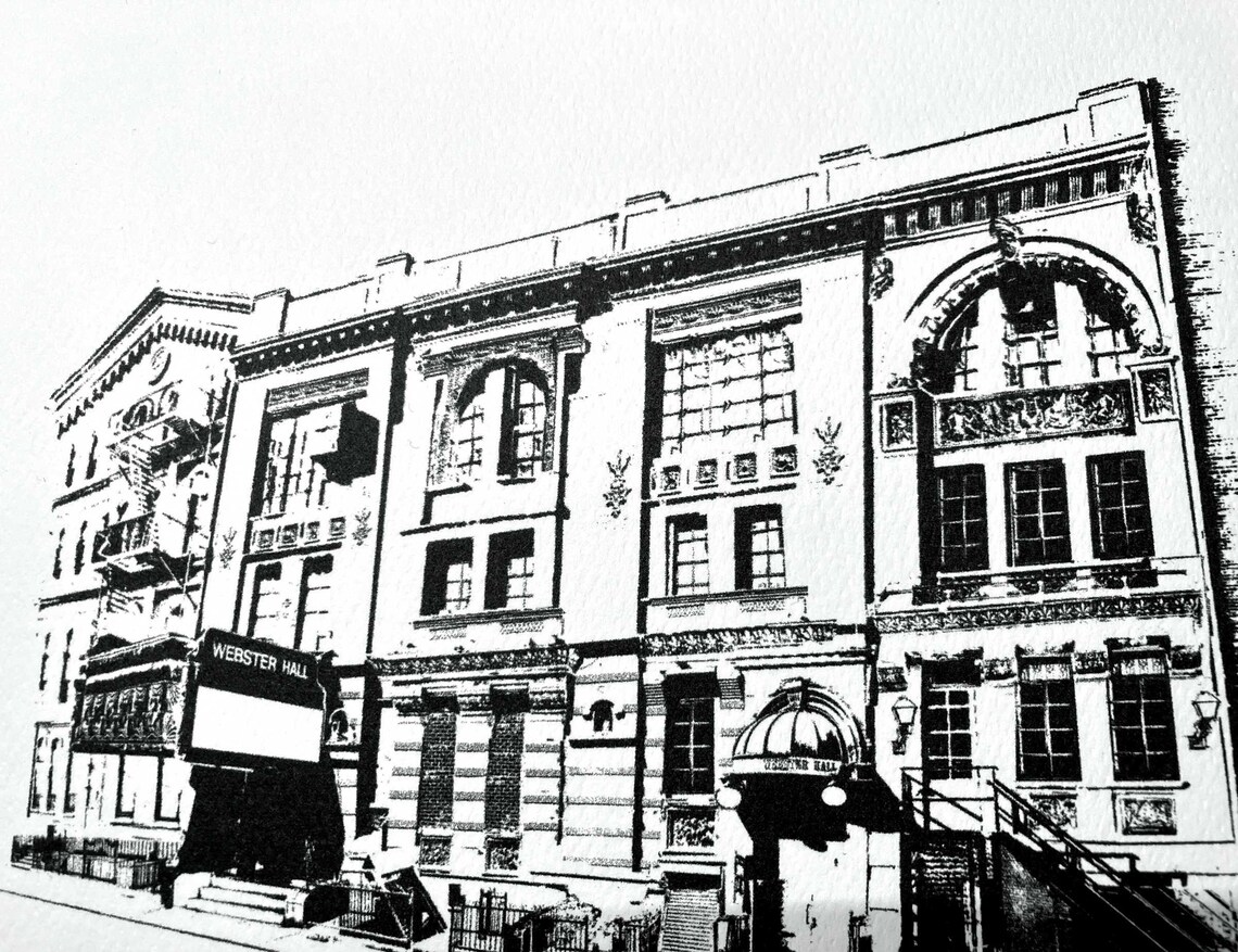 A rendering of Webster Hall on the Lower East Side of Manhattan in black and white, showing the facade and marquee of the historic concert hall