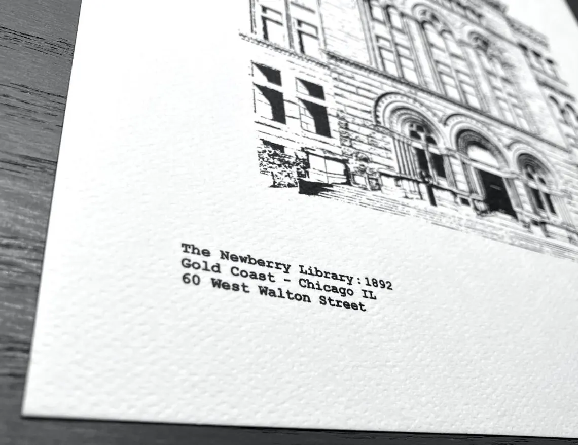 The Newberry Library illustration of entry on Walton Street overlooking Washington Square Park on Chicago's Near North Side