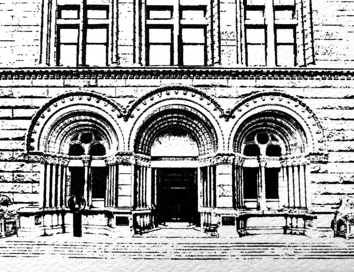 The Newberry Library illustration of entry on Walton Street overlooking Washington Square Park on Chicago's Near North Side