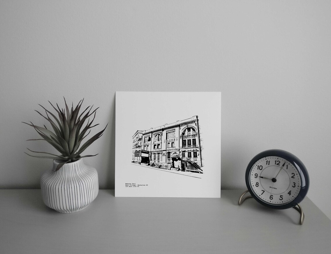 A rendering of Webster Hall on the Lower East Side of Manhattan in black and white, showing the facade and marquee of the historic concert hall