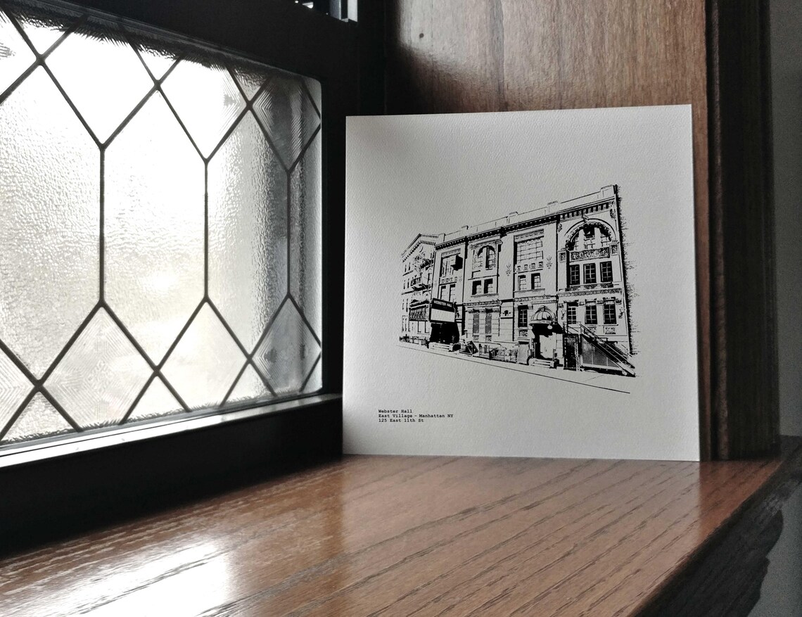 A rendering of Webster Hall on the Lower East Side of Manhattan in black and white, showing the facade and marquee of the historic concert hall