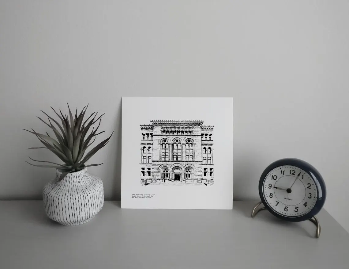 The Newberry Library illustration of entry on Walton Street overlooking Washington Square Park on Chicago's Near North Side