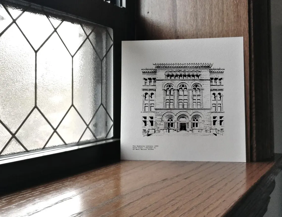 The Newberry Library illustration of entry on Walton Street overlooking Washington Square Park on Chicago's Near North Side
