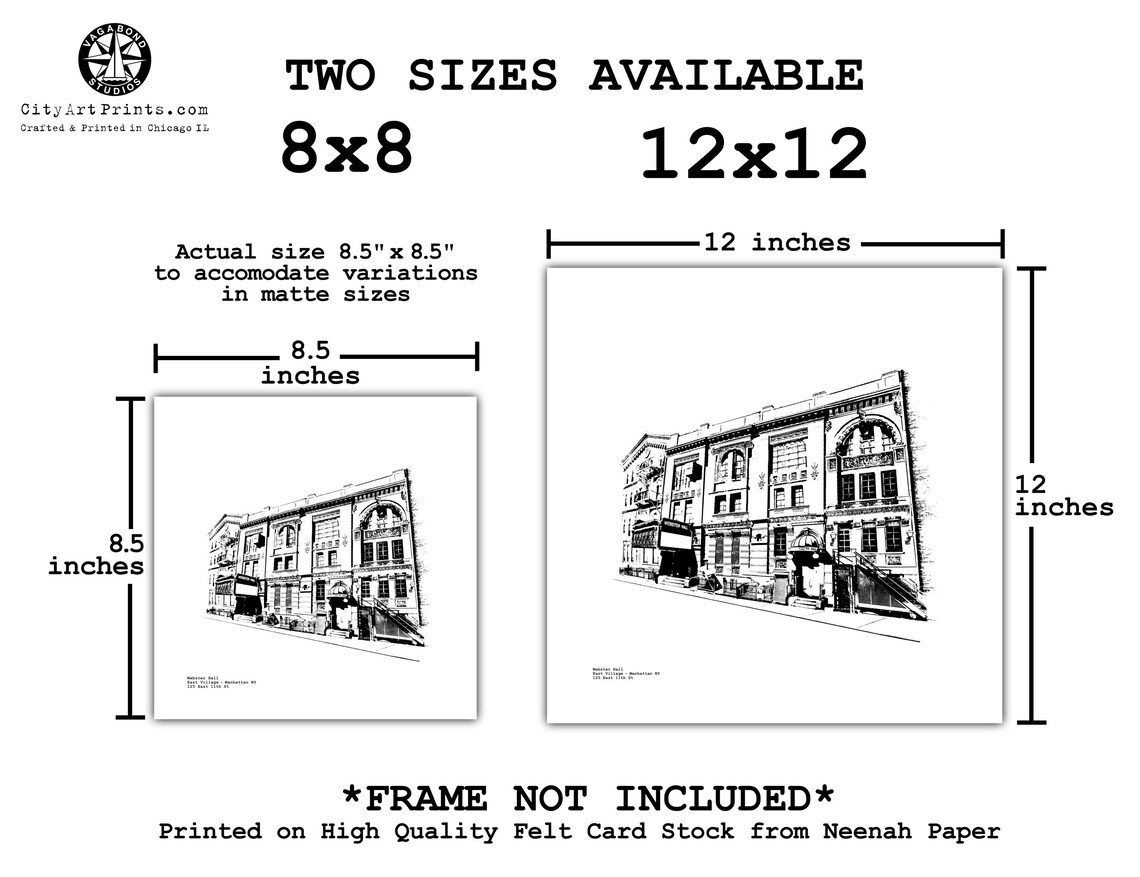 A rendering of Webster Hall on the Lower East Side of Manhattan in black and white, showing the facade and marquee of the historic concert hall