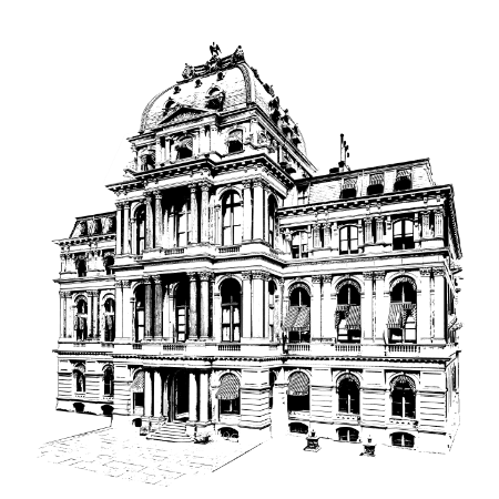 illustration / rendering of Old City Hall in Boston showing Architectural details in a black and white art print