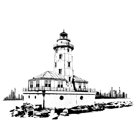 Chicago Harbor Lighthouse on Lake Michigan with view of Chicago Skyline in background