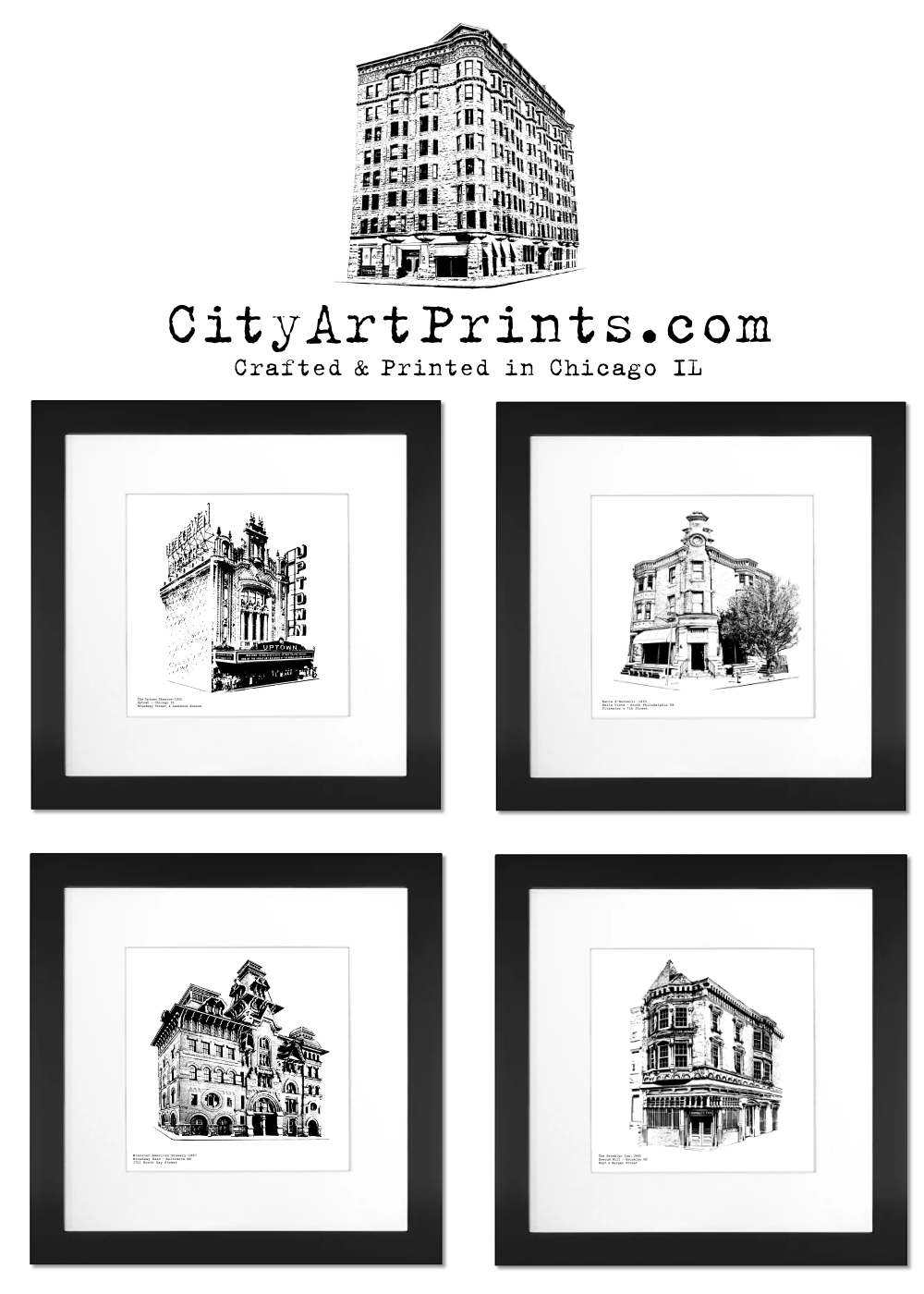 CityArtPrints.com - Crafted and Printed in Chicago IL - showing 4 framed images / examples of the artwork provided by this studio