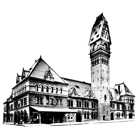 Dearborn Station Historical Architecture illustration rendering at the south end of Printers Row in the South Loop Chicago