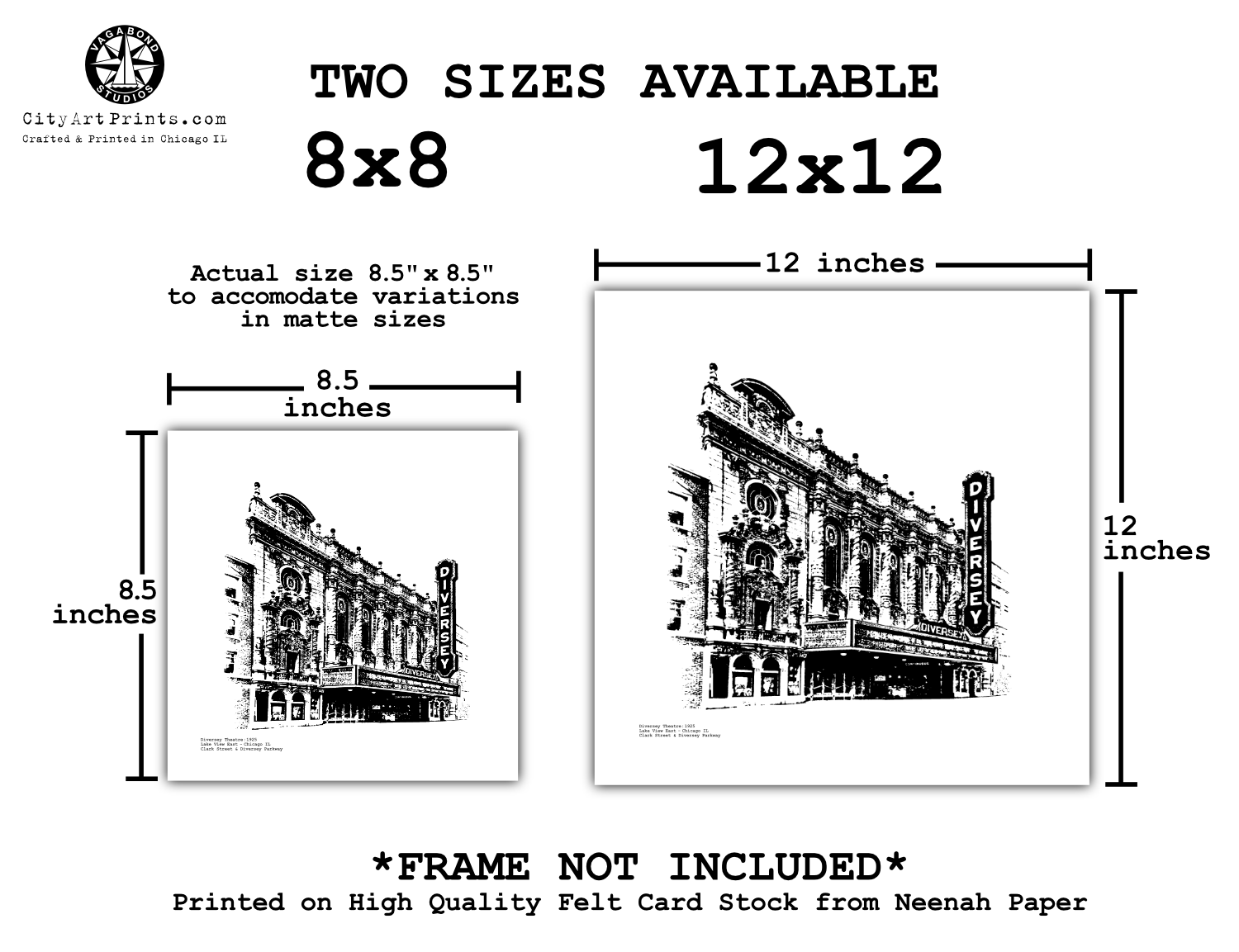 Diversey Theatre Chicago Graphic Art Print Illustration Historic Movie Palace in Lake View by cityartprints.com