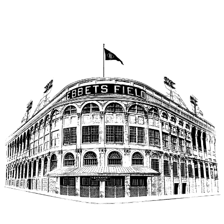 Ebbets Field baseball stadium Main Entrance in Brooklyn, with Brooklyn Dodgers flag flying over the grandstand