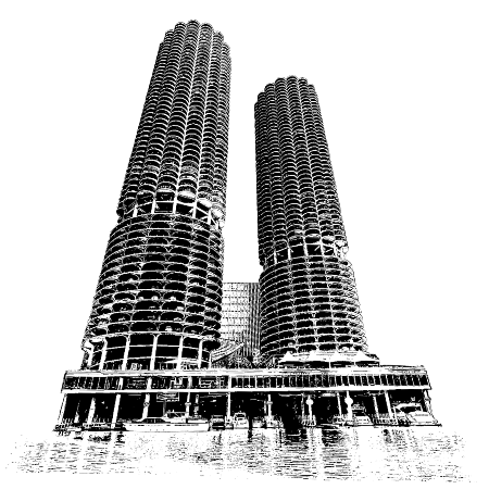 marina city towers chicago view upward from the riverwalk in the loop