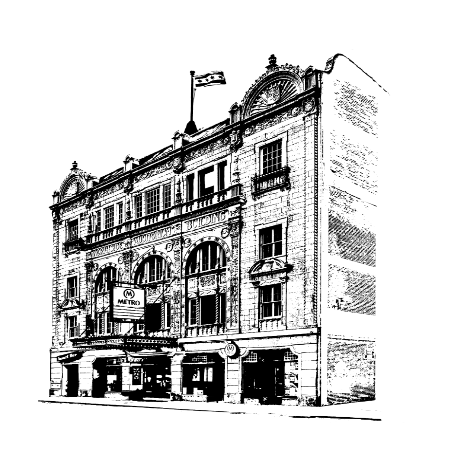 The Metro Chicago - Wrigleyville Architecture Illustration of facade, marquee, and building exterior details