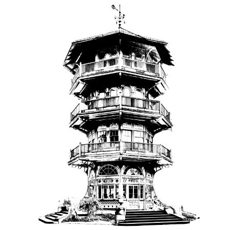 The Pagoda / Patterson Park Observatory in Baltimore Maryland, illustration showing the towers and decorative historic architecture 