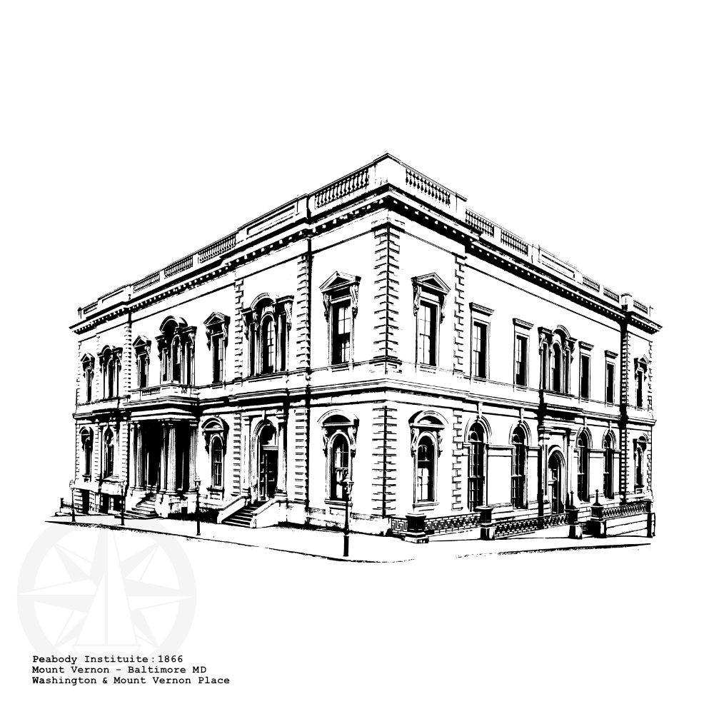 George Peabody Library / Peabody Institute in Mount Vernon - Baltimore MD  illustration by cityartprints.com