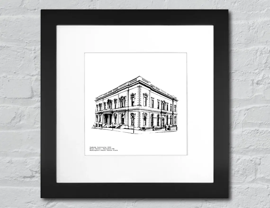 George Peabody Library / Peabody Institute in Mount Vernon - Baltimore MD  illustration by cityartprints.com