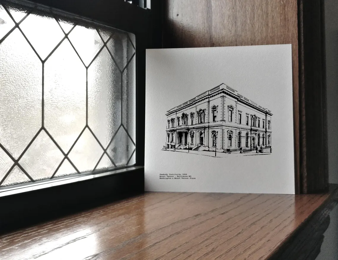 George Peabody Library / Peabody Institute in Mount Vernon - Baltimore MD  illustration by cityartprints.com