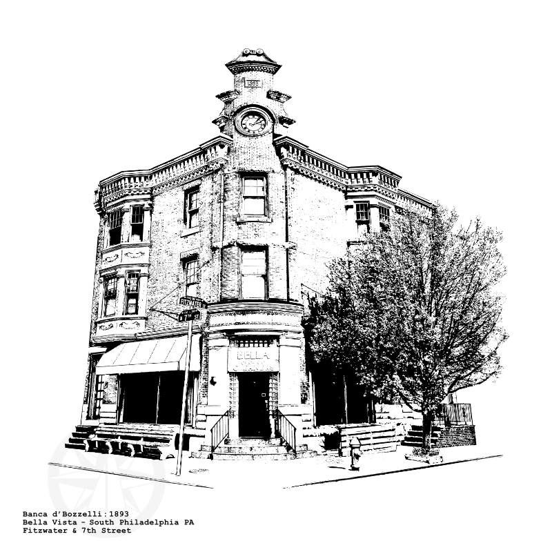 Banca d'bozzelli  Clock building at Fitzwater & 7th Ave in South Philadelphia illustration by cityartprints.com