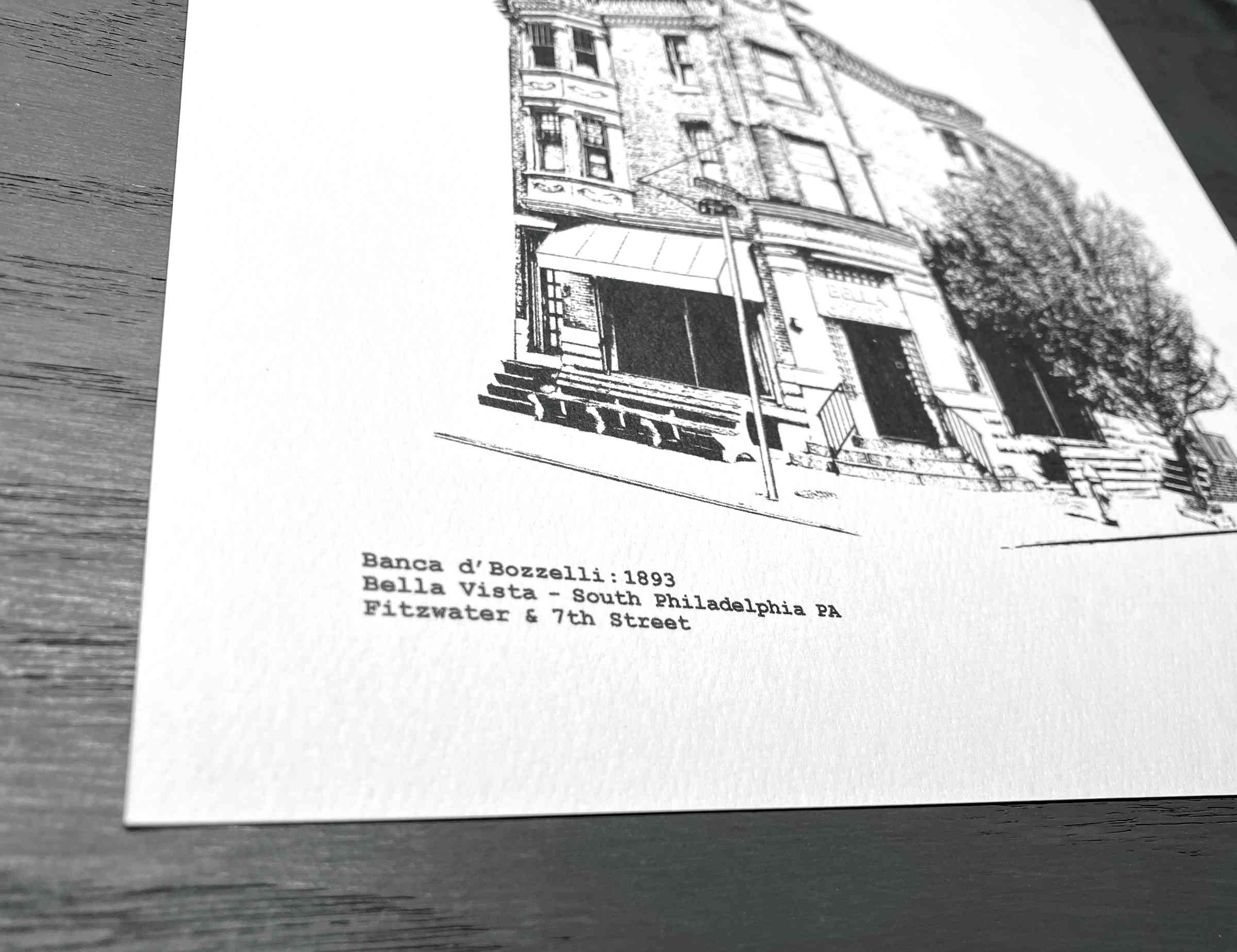 Banca d'bozzelli  Clock building at Fitzwater & 7th Ave in South Philadelphia illustration by cityartprints.com