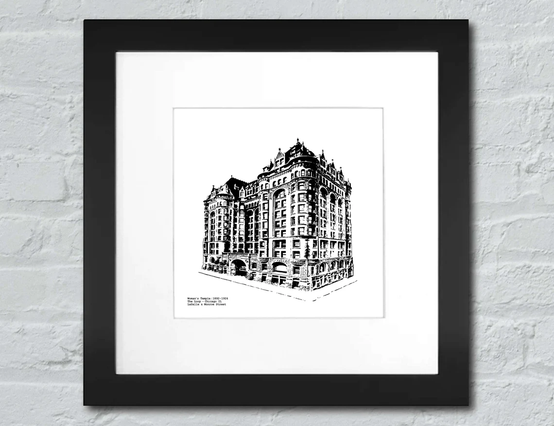 Woman's Temple Historic Chicago Graphic Art illustration on LaSalle Street Chicago IL by cityartprints.com