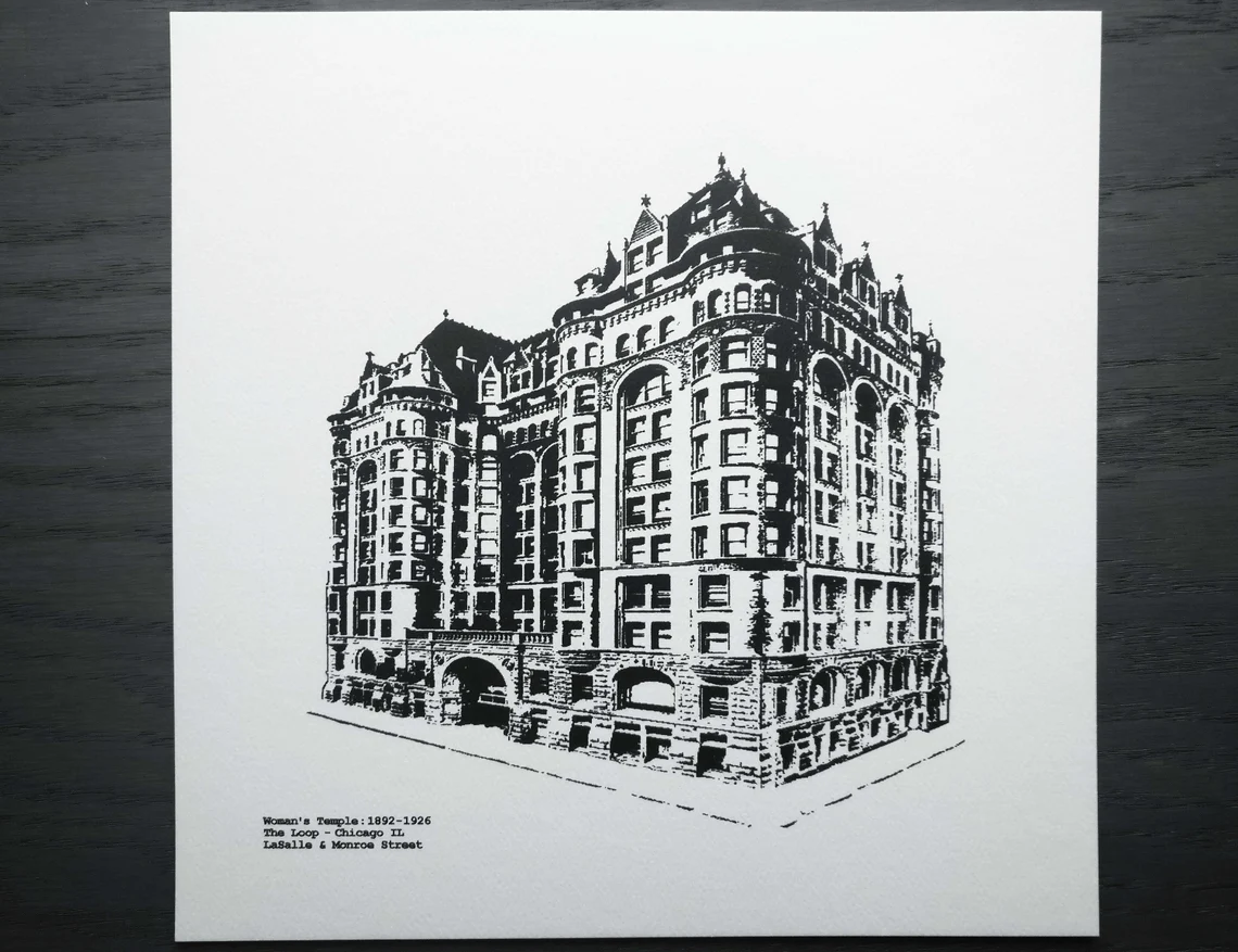 Woman's Temple Historic Chicago Graphic Art illustration on LaSalle Street Chicago IL by cityartprints.com