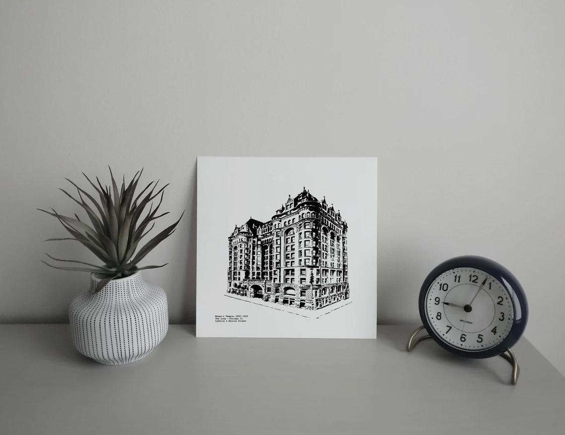 Woman's Temple Historic Chicago Graphic Art illustration on LaSalle Street Chicago IL by cityartprints.com