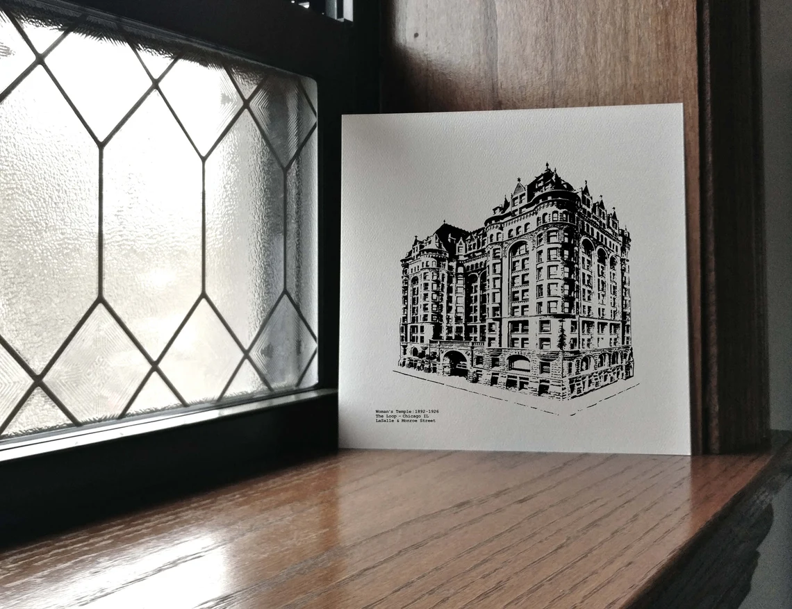 Woman's Temple Historic Chicago Graphic Art illustration on LaSalle Street Chicago IL by cityartprints.com