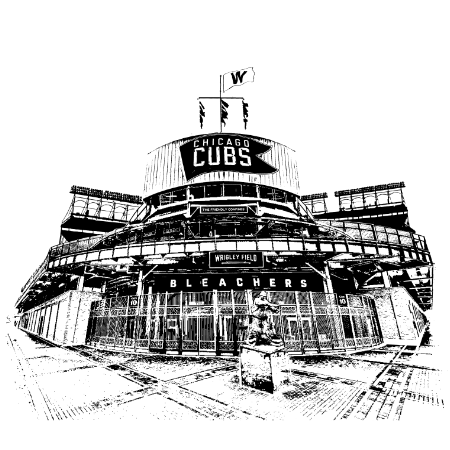 Wrigley Field and scoreboard at sheffield and waveland ave in chicago, Black and White illustration , rendering artwork